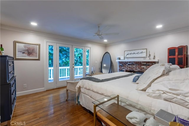 bedroom with crown molding, dark wood-type flooring, access to outside, and ceiling fan