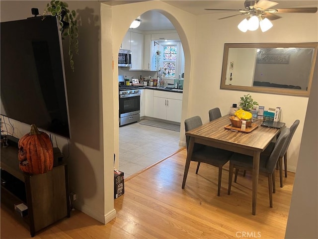 dining area with ceiling fan and light wood-type flooring