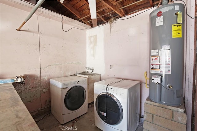 laundry room with water heater and separate washer and dryer