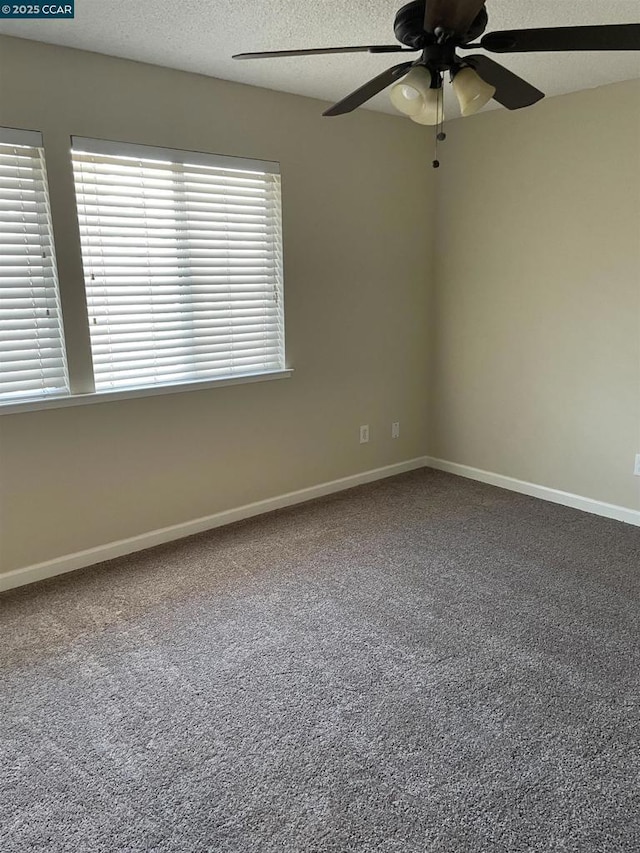 carpeted spare room with a healthy amount of sunlight, a textured ceiling, and ceiling fan