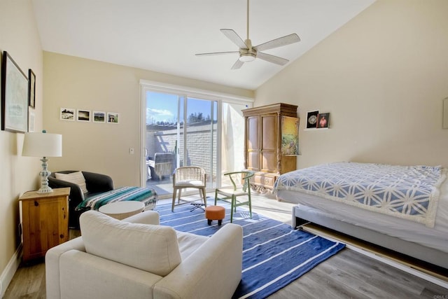 bedroom with lofted ceiling, access to outside, ceiling fan, and light wood-type flooring