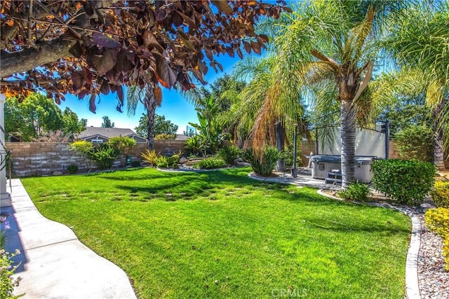 view of yard with a hot tub