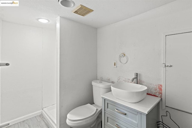 bathroom with vanity, toilet, and a shower