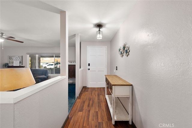 interior space with dark wood-type flooring and ceiling fan