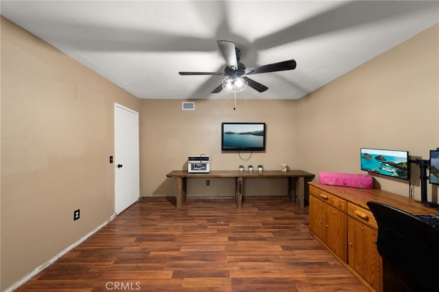 home office featuring dark hardwood / wood-style floors and ceiling fan