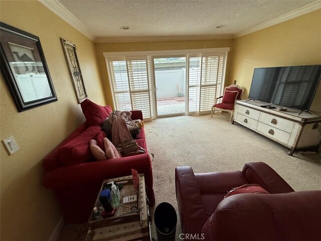 living room featuring crown molding, carpet floors, and a textured ceiling