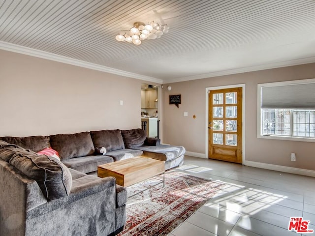 living room featuring light tile patterned floors and ornamental molding