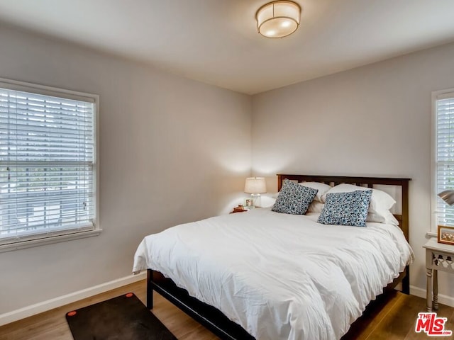 bedroom featuring multiple windows and dark hardwood / wood-style flooring