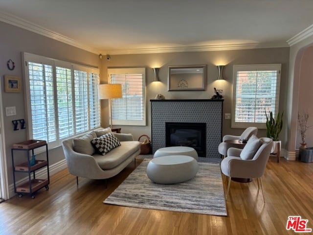 living room with a tile fireplace, ornamental molding, and a healthy amount of sunlight