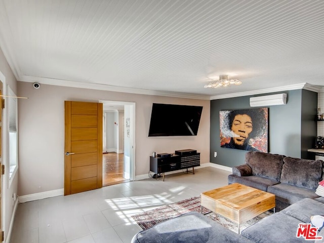 living room with ornamental molding and an AC wall unit