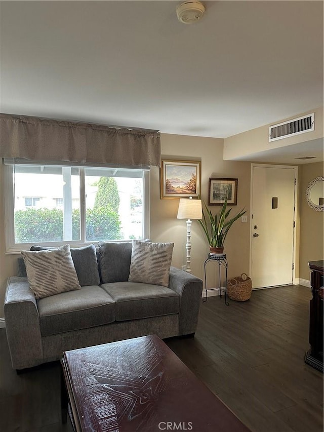 living room with dark hardwood / wood-style flooring