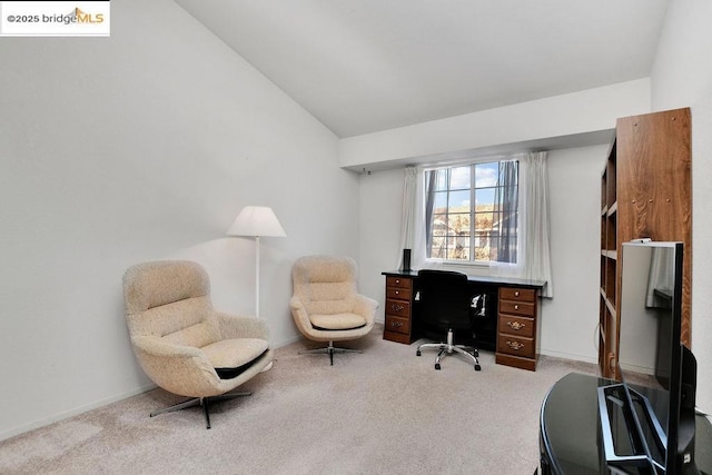 office with vaulted ceiling and light carpet