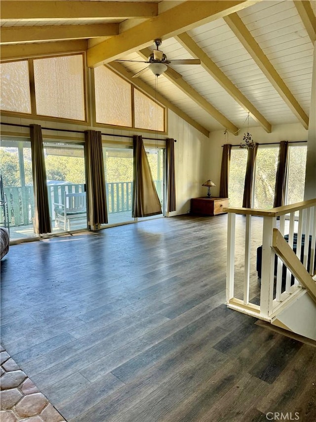 interior space featuring ceiling fan, high vaulted ceiling, and beam ceiling