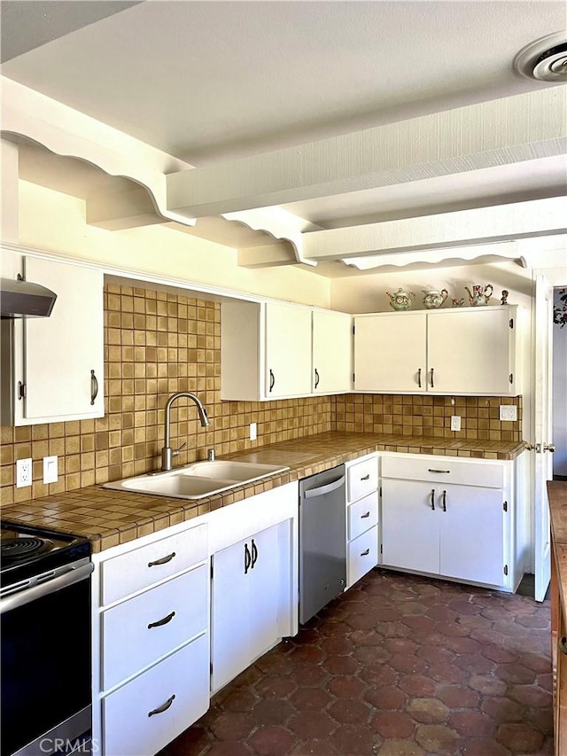 kitchen with white cabinetry, sink, tile counters, and backsplash