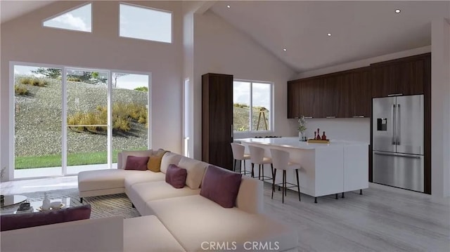 living room featuring high vaulted ceiling and light hardwood / wood-style floors