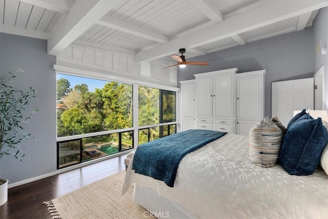 bedroom featuring ceiling fan, dark hardwood / wood-style floors, and beam ceiling