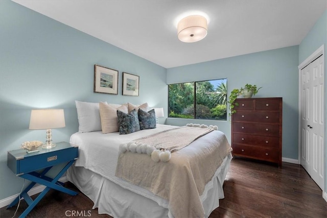 bedroom with dark hardwood / wood-style flooring and a closet