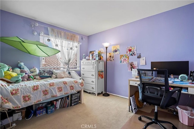 bedroom featuring light colored carpet