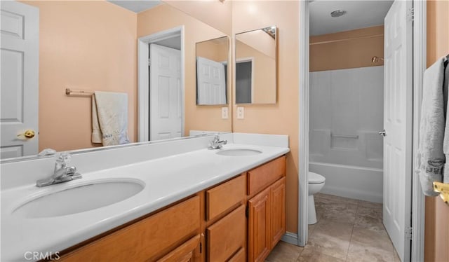 full bathroom featuring vanity, tile patterned flooring, bathtub / shower combination, and toilet