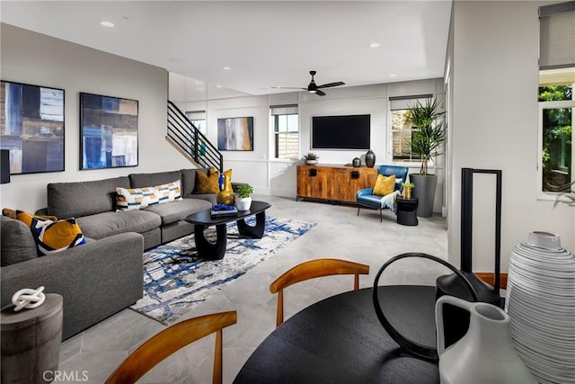 living room featuring ceiling fan