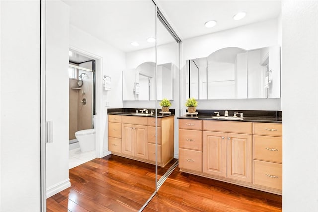 bathroom with vanity, wood-type flooring, and toilet