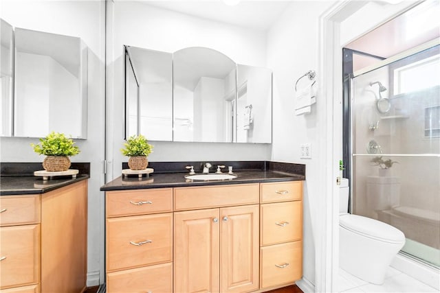 bathroom with a shower with door, vanity, and toilet