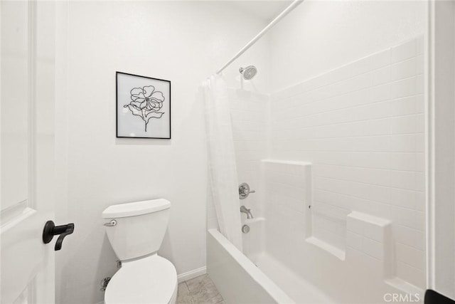 bathroom featuring shower / bathtub combination with curtain, tile patterned flooring, and toilet