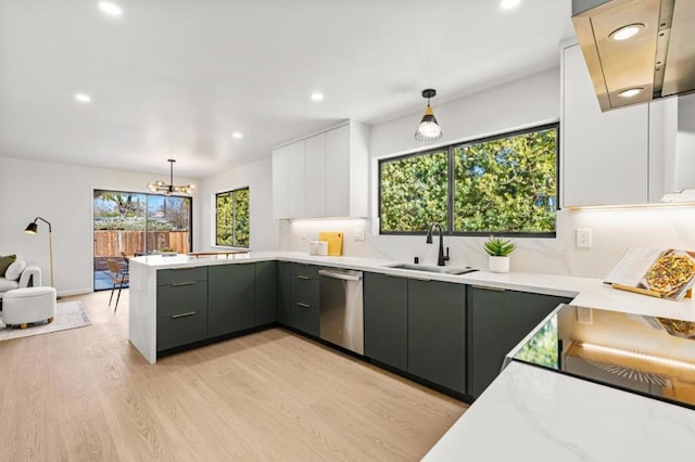 kitchen with pendant lighting, sink, white cabinetry, and stainless steel dishwasher