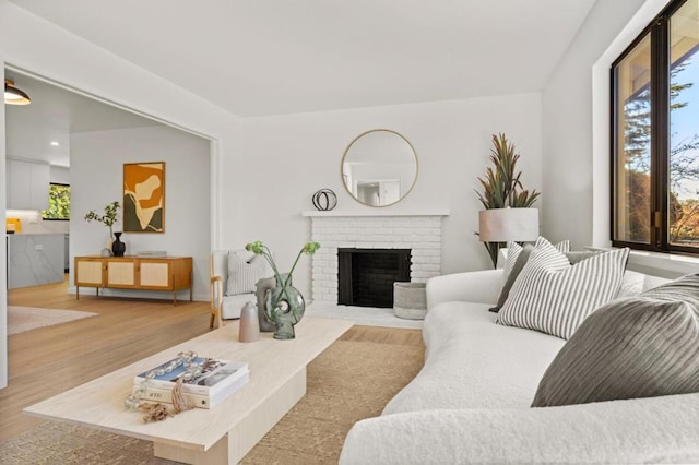 living room featuring a fireplace, a wealth of natural light, and light hardwood / wood-style floors