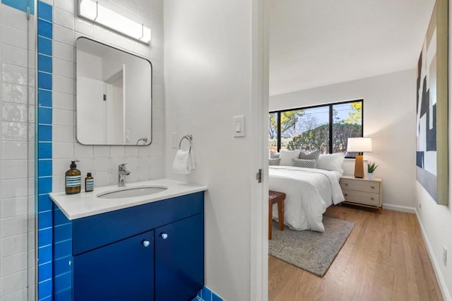 bathroom featuring tasteful backsplash, vanity, and hardwood / wood-style floors