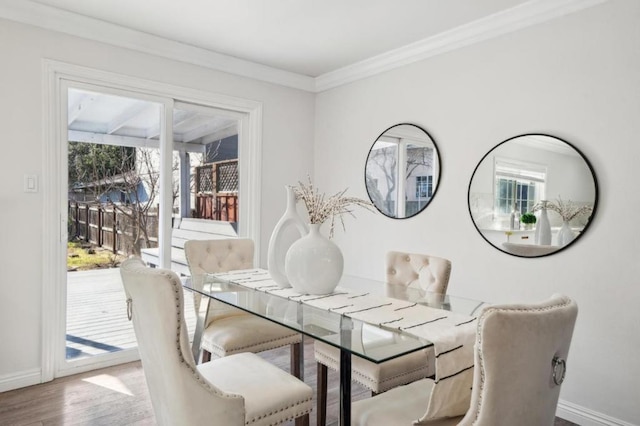 dining space featuring crown molding and hardwood / wood-style flooring