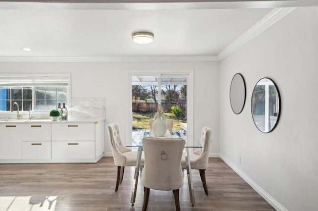 dining space featuring ornamental molding, sink, and hardwood / wood-style floors