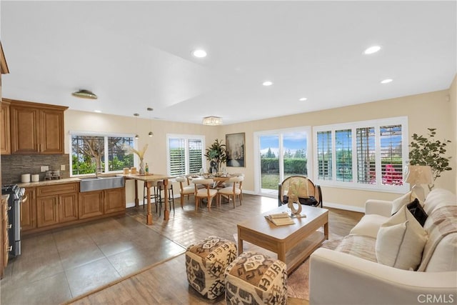 living room featuring sink and hardwood / wood-style flooring