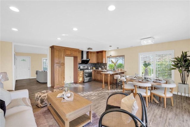 living room with dark hardwood / wood-style floors