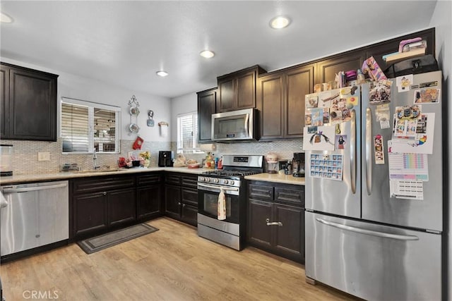 kitchen with appliances with stainless steel finishes, sink, decorative backsplash, and light wood-type flooring