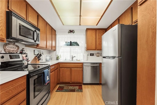 kitchen with sink, light hardwood / wood-style flooring, and appliances with stainless steel finishes