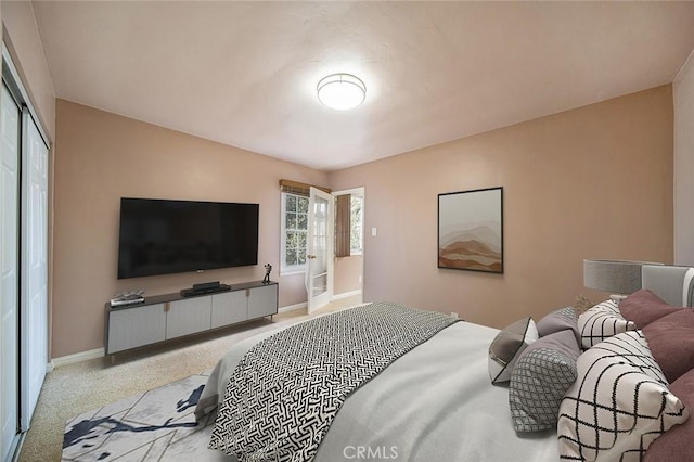 bedroom featuring light colored carpet and a closet