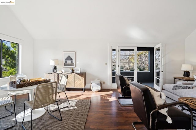 office area featuring hardwood / wood-style flooring and vaulted ceiling