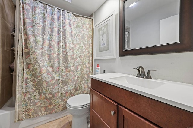 full bathroom with tile patterned floors, vanity, toilet, and shower / tub combo with curtain