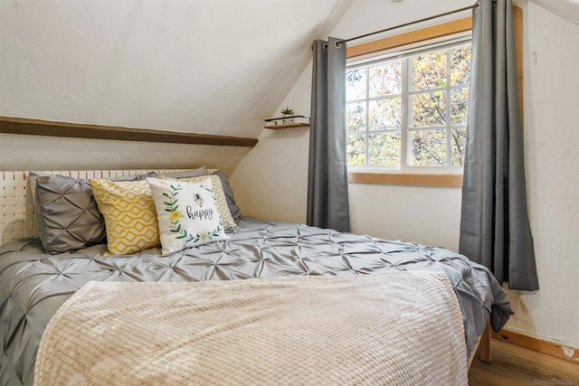 bedroom with vaulted ceiling and hardwood / wood-style floors