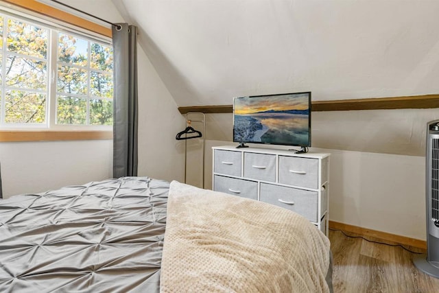 bedroom with hardwood / wood-style flooring and vaulted ceiling