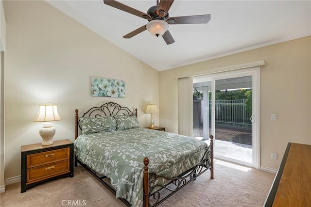 carpeted bedroom with ceiling fan, lofted ceiling, and access to outside