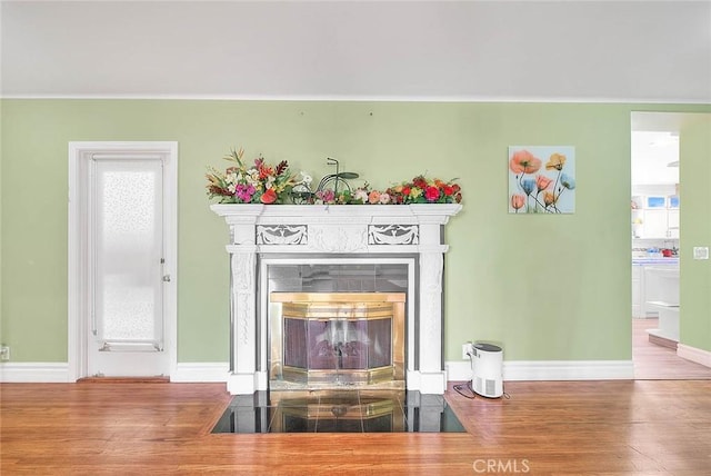 room details with hardwood / wood-style floors and a high end fireplace