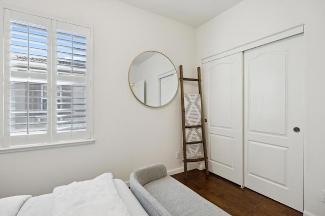 bedroom with dark hardwood / wood-style floors and a closet