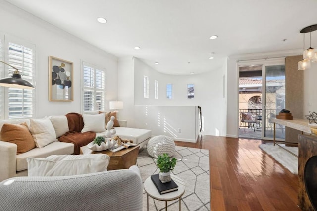 living room with crown molding and light hardwood / wood-style flooring