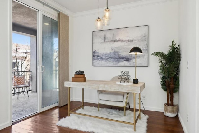 office area featuring ornamental molding and dark hardwood / wood-style floors