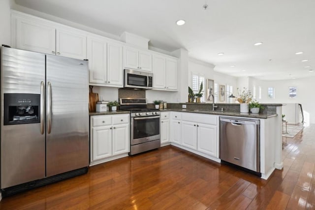 kitchen featuring white cabinetry, sink, kitchen peninsula, stainless steel appliances, and dark wood-type flooring