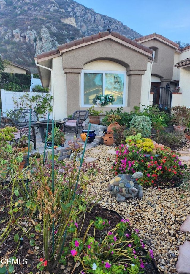 exterior space with a mountain view and a patio