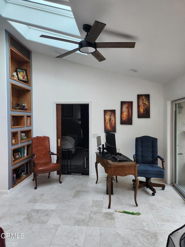 sitting room featuring ceiling fan and lofted ceiling