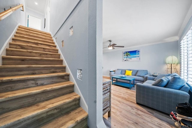 stairs featuring ornamental molding, wood-type flooring, and ceiling fan